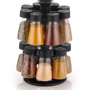Plastic 360 Revolving Spice Container Set Of 16 Piece Seasoning Organizer Masala Countertop Rack Condiment Set For Kitchen Tiered Shelf (Transparent, 125Ml Each), Black cap