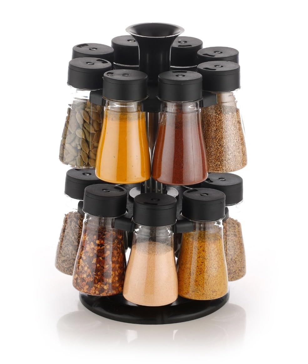 Plastic 360 Revolving Spice Container Set Of 16 Piece Seasoning Organizer Masala Countertop Rack Condiment Set For Kitchen Tiered Shelf (Transparent, 125Ml Each), Black cap